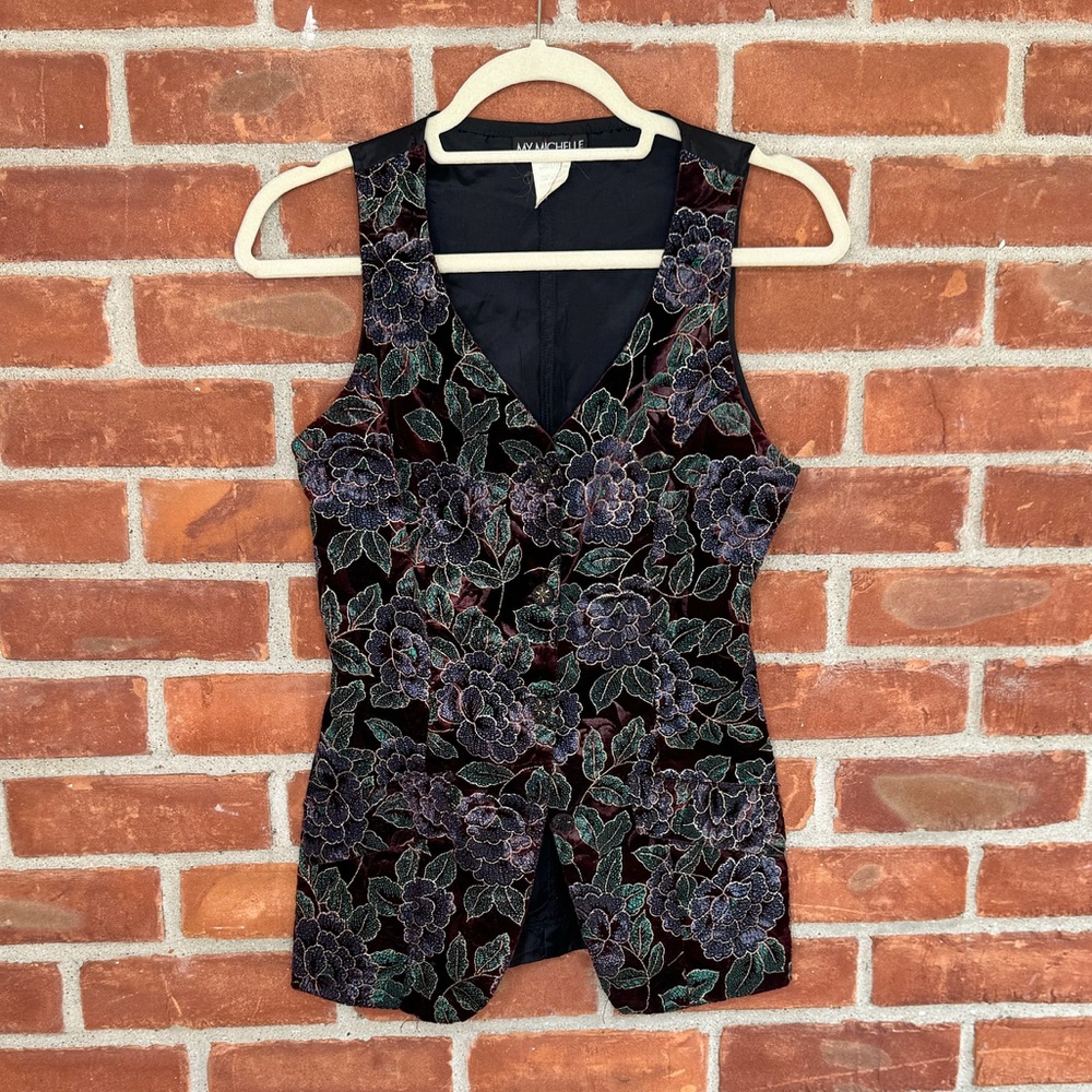 Vintage 90's dark maroon crushed velvet floral vest